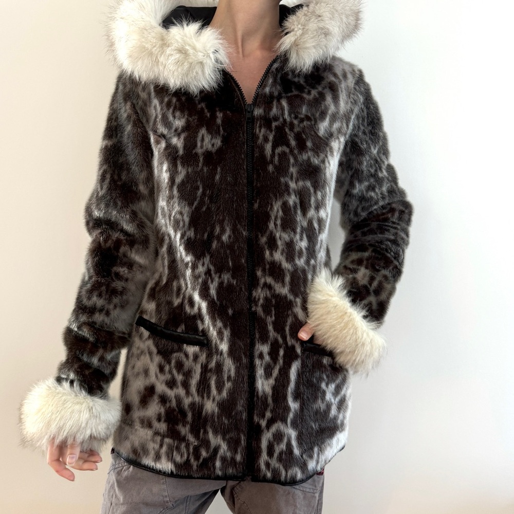 Genuine Sealskin Fur Coat Hooded Fox Trim Spotted Vintage Seal Unisex Zip XS S